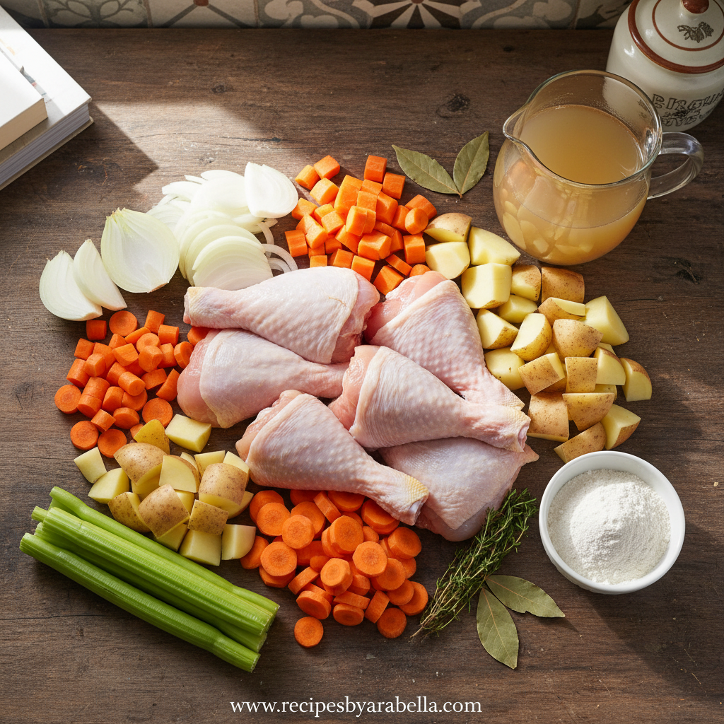 Ingredients for slow cooker chicken stew arranged on counter