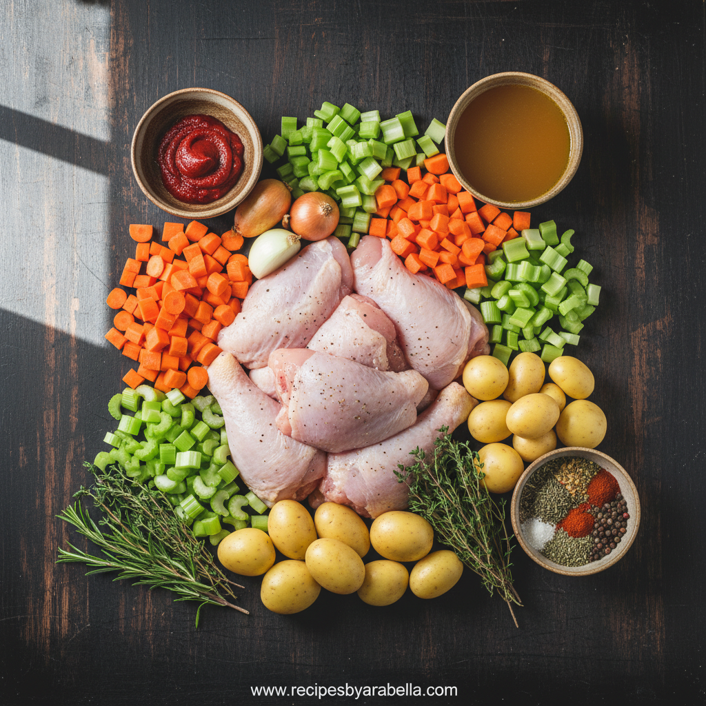 Fresh ingredients for crockpot chicken stew including chicken, carrots, potatoes and herbs