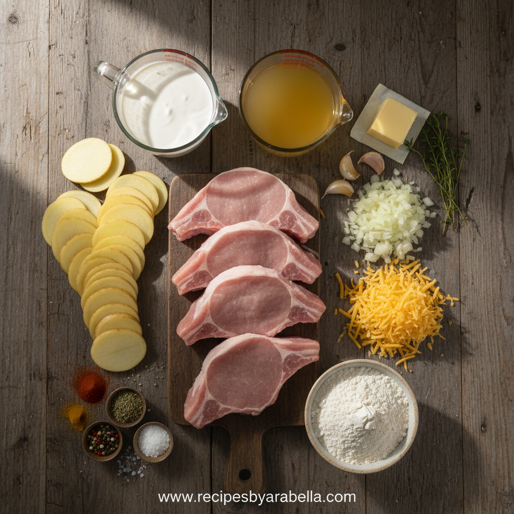 Ingredients for halal lamb chop and potato casserole laid out neatly