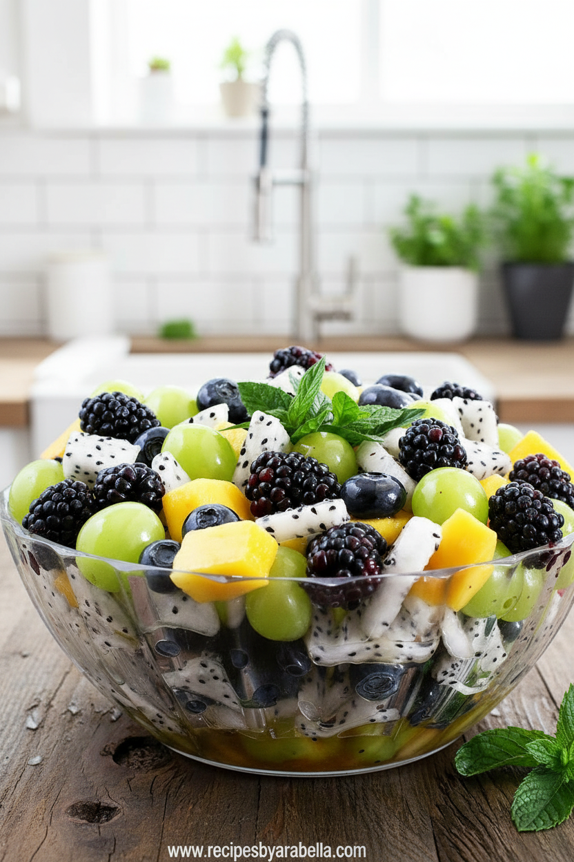 Summer Fruit Salad Valya's Recipe - Best Seasonal Tropical Fruit Mix with Maple Syrup Dressing 1 Colorful summer fruit salad with dragon fruit, mango, berries and maple syrup dressing