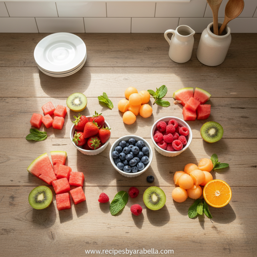 Summer Fruit Salad Valya's Recipe - Best Seasonal Tropical Fruit Mix with Maple Syrup Dressing 2 Fresh ingredients for summer fruit salad including dragon fruit, mango, berries and citrus