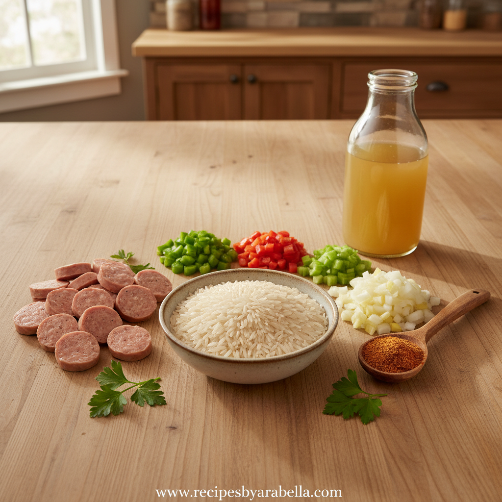 Ingredients for Cajun chicken sausage rice skillet