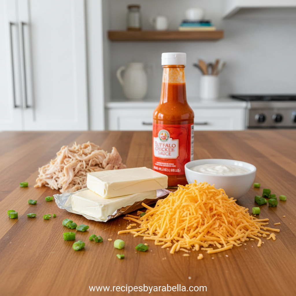 Ingredients for buffalo chicken dip including chicken, cream cheese, ranch dressing, hot sauce and cheese