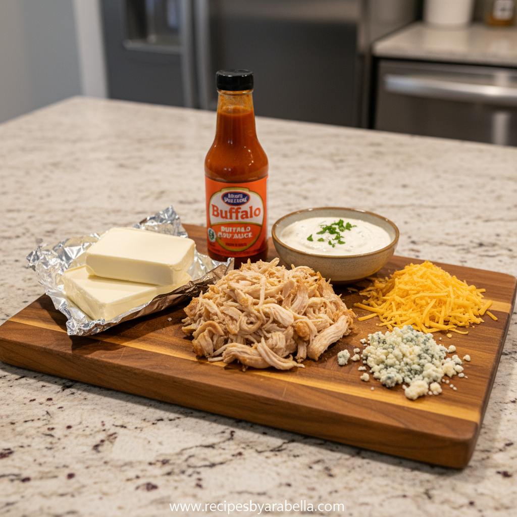 The Best Buffalo Chicken Dip Recipe: Ultimate Party Appetizer for Game Day & Gatherings 2 Ingredients for Buffalo Chicken Dip including shredded chicken, cream cheese, buffalo sauce, and cheeses