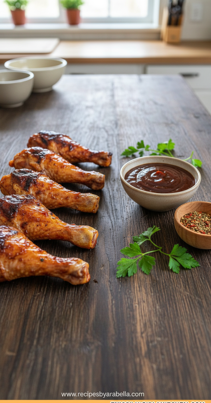 Ingredients for grilled BBQ chicken legs including chicken, barbecue sauce, and spices