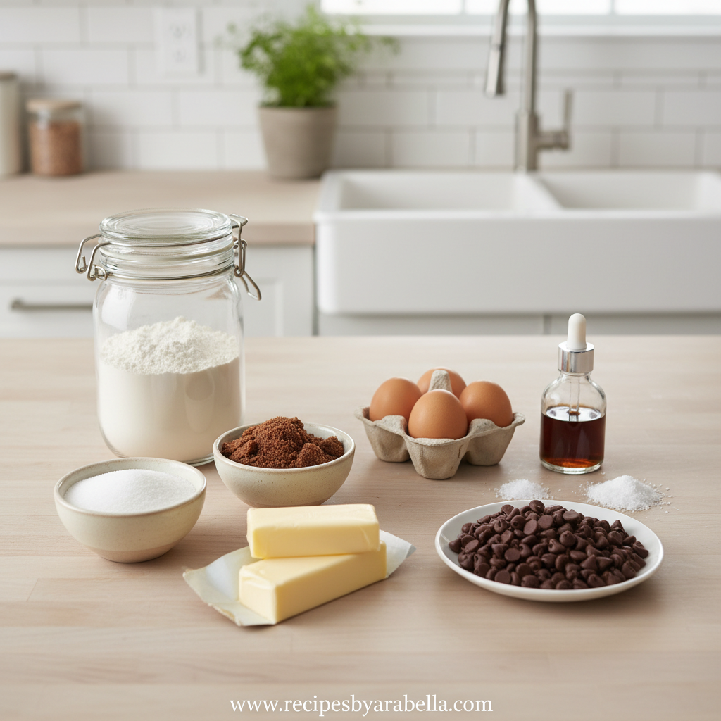 Ingredients for chocolate chip cookies arranged neatly on counter
