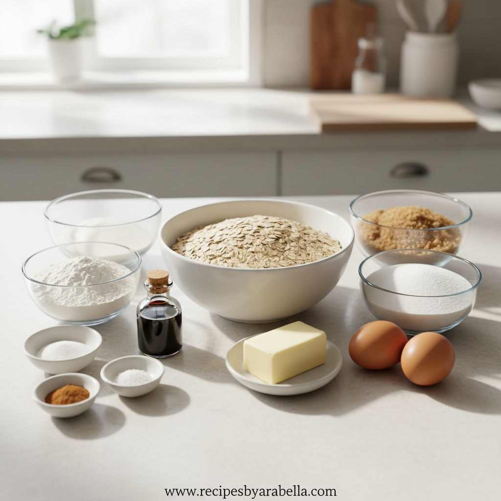 Oatmeal cookie ingredients including oats, flour, butter, and spices