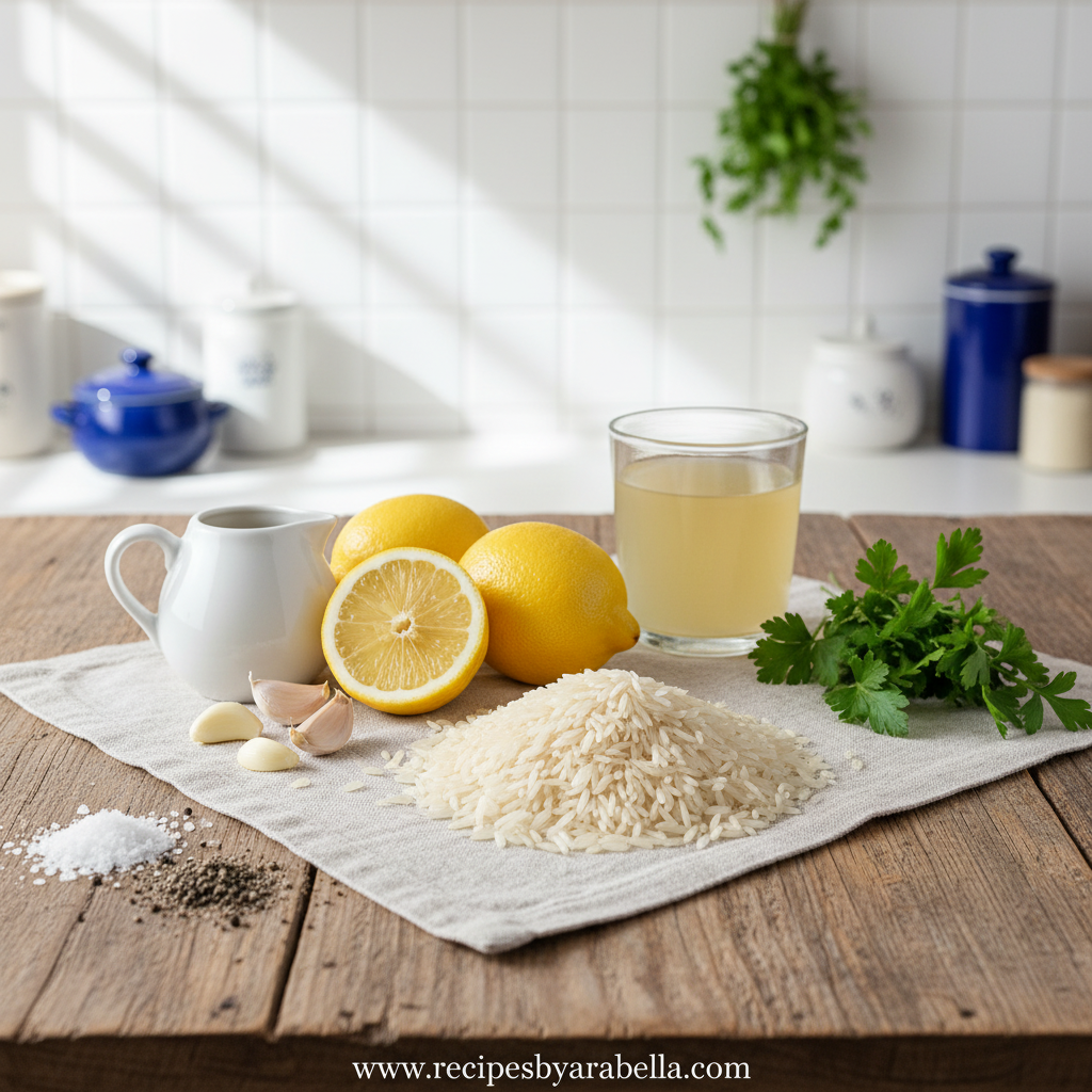 Ingredients for lemon rice including lemons, rice, olive oil, and herbs
