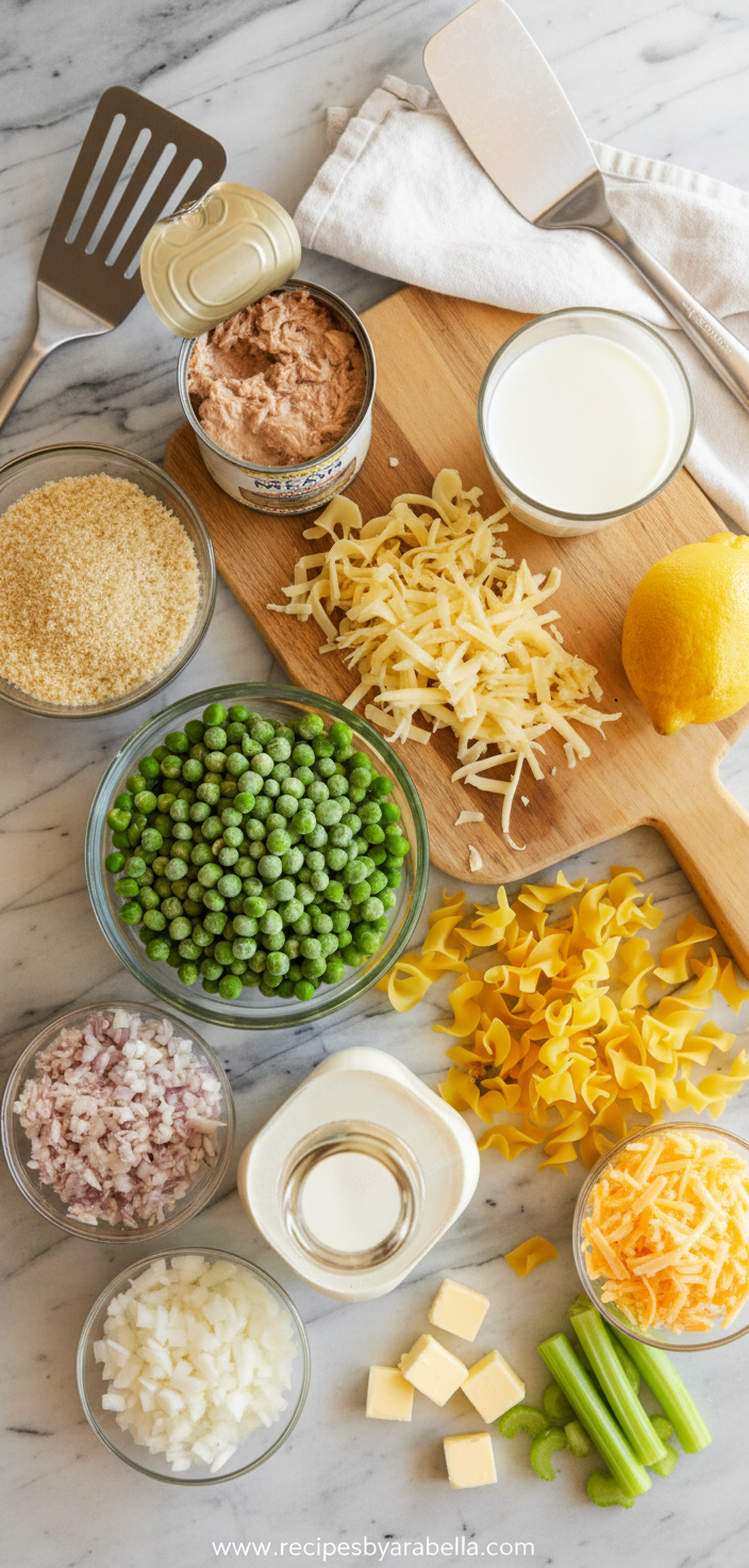 Ultimate Classic Tuna Noodle Casserole Recipe – Creamy Comfort Food Bake 2 Ingredients for tuna noodle casserole including tuna, egg noodles, peas, and cheese