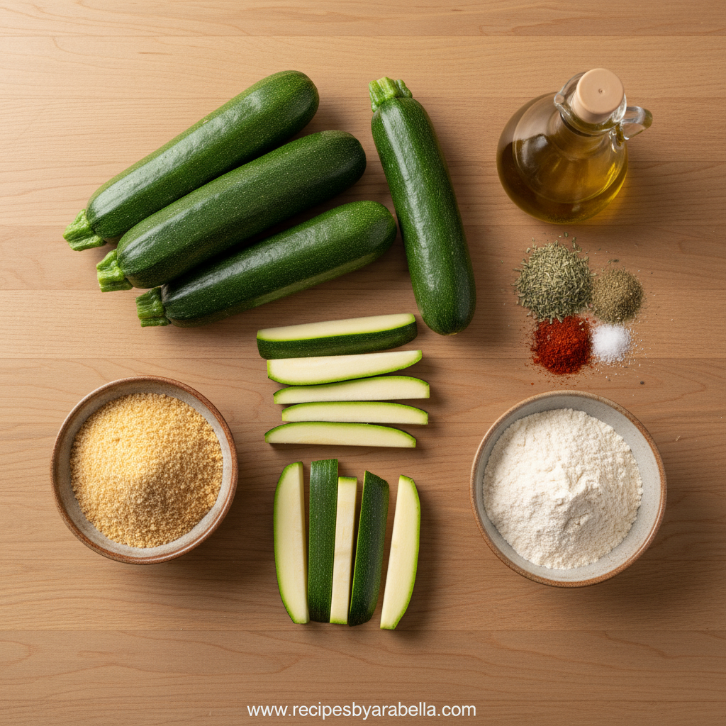 Crispy Vegan Air Fryer Zucchini Fries - Eggless & Gluten Free Recipe 2 Ingredients for vegan zucchini fries including zucchini, flour, breadcrumbs, and spices