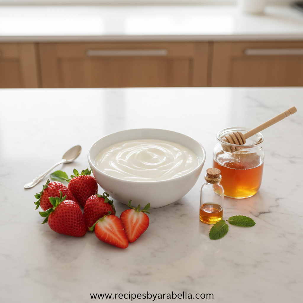 Ingredients for making frozen Greek yogurt including yogurt, honey, and fresh fruits