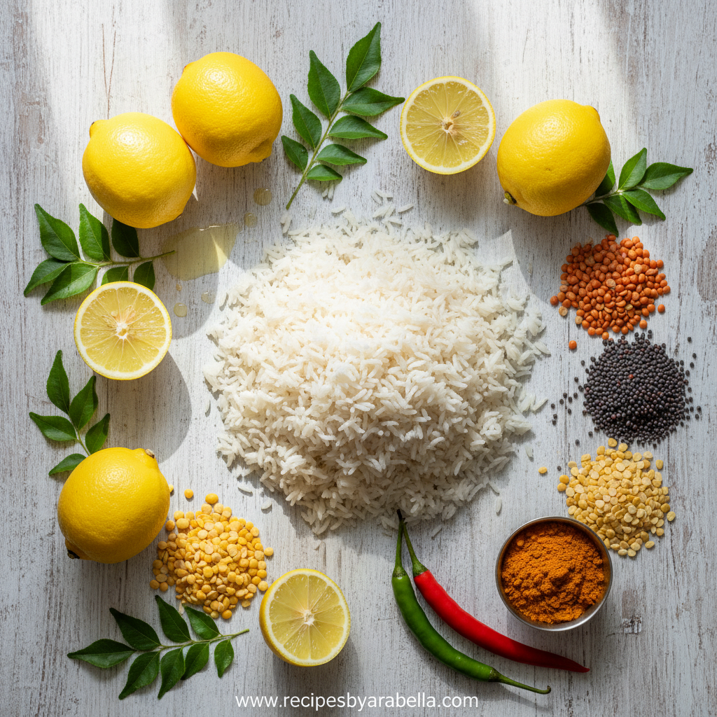 Ingredients for South Indian lemon rice including rice, lemons, peanuts, and spices