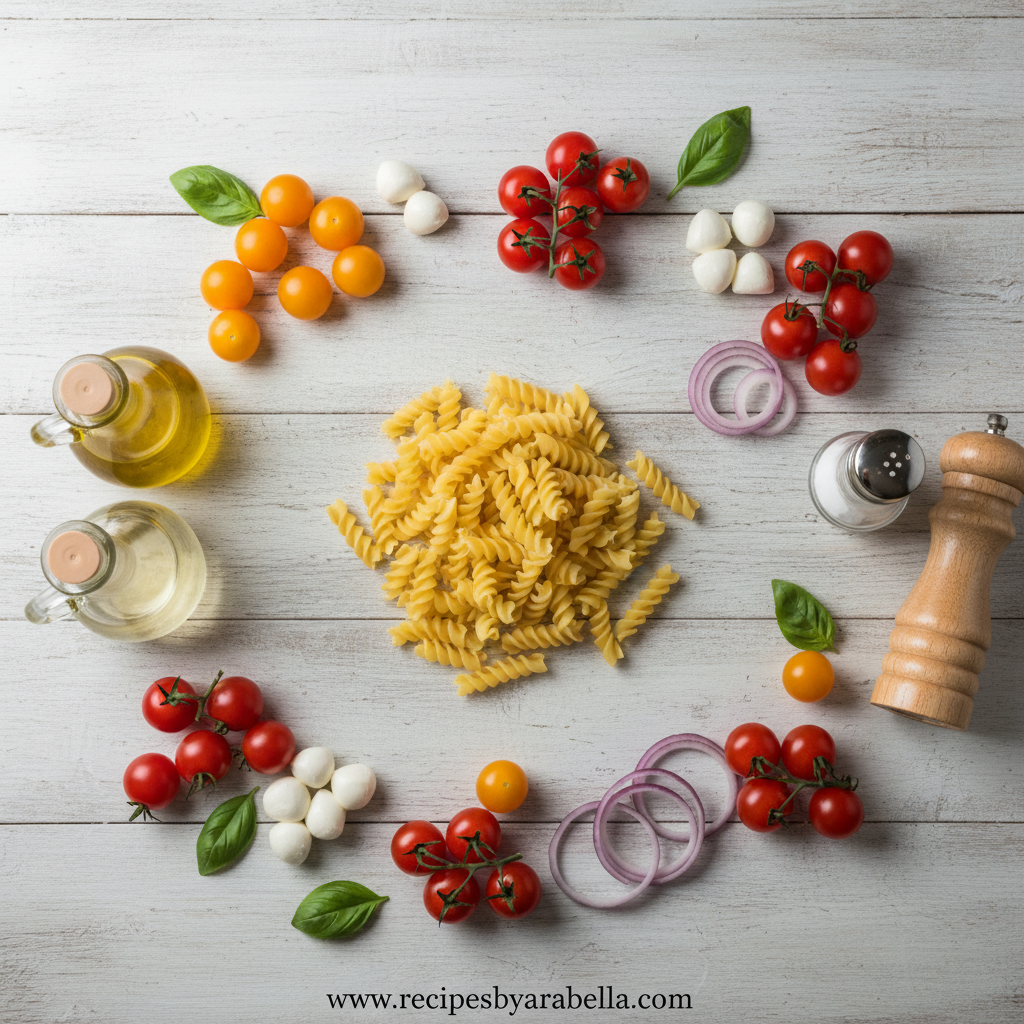Fresh ingredients for pasta salad including tomatoes, basil, pasta, and vegetables