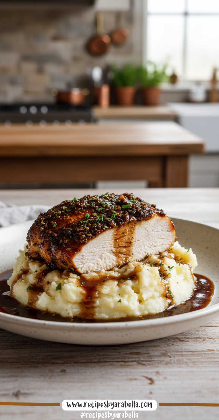 Garlic Herb Chicken Breast with Creamy Mashed Potatoes and Pan Sauce 12 glazed-garlic-herb-chicken-breast-over-creamy-mashed-potatoes-with-pan-sauce_feature