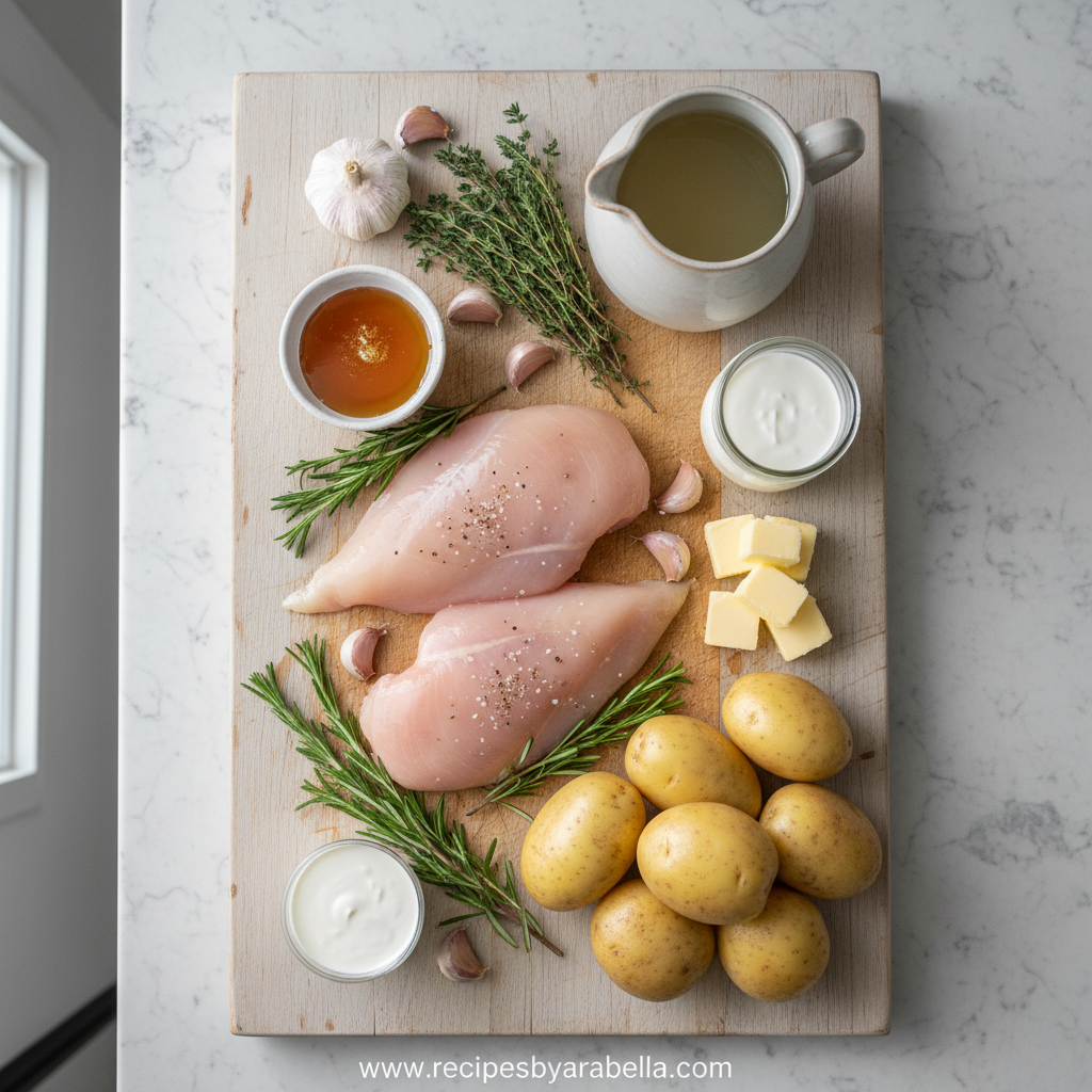 Ingredients for garlic herb chicken and mashed potatoes