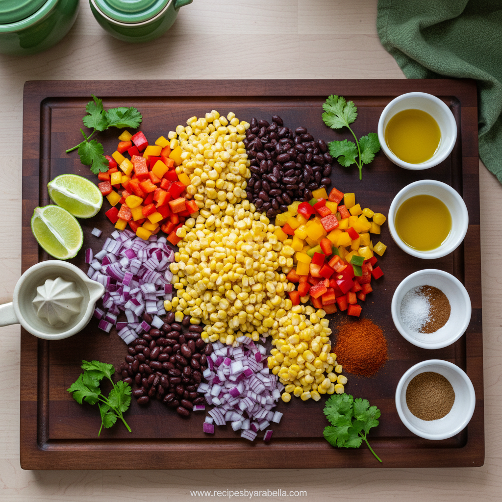 Fresh ingredients for Mexican corn bean salad including corn, black beans, peppers and herbs
