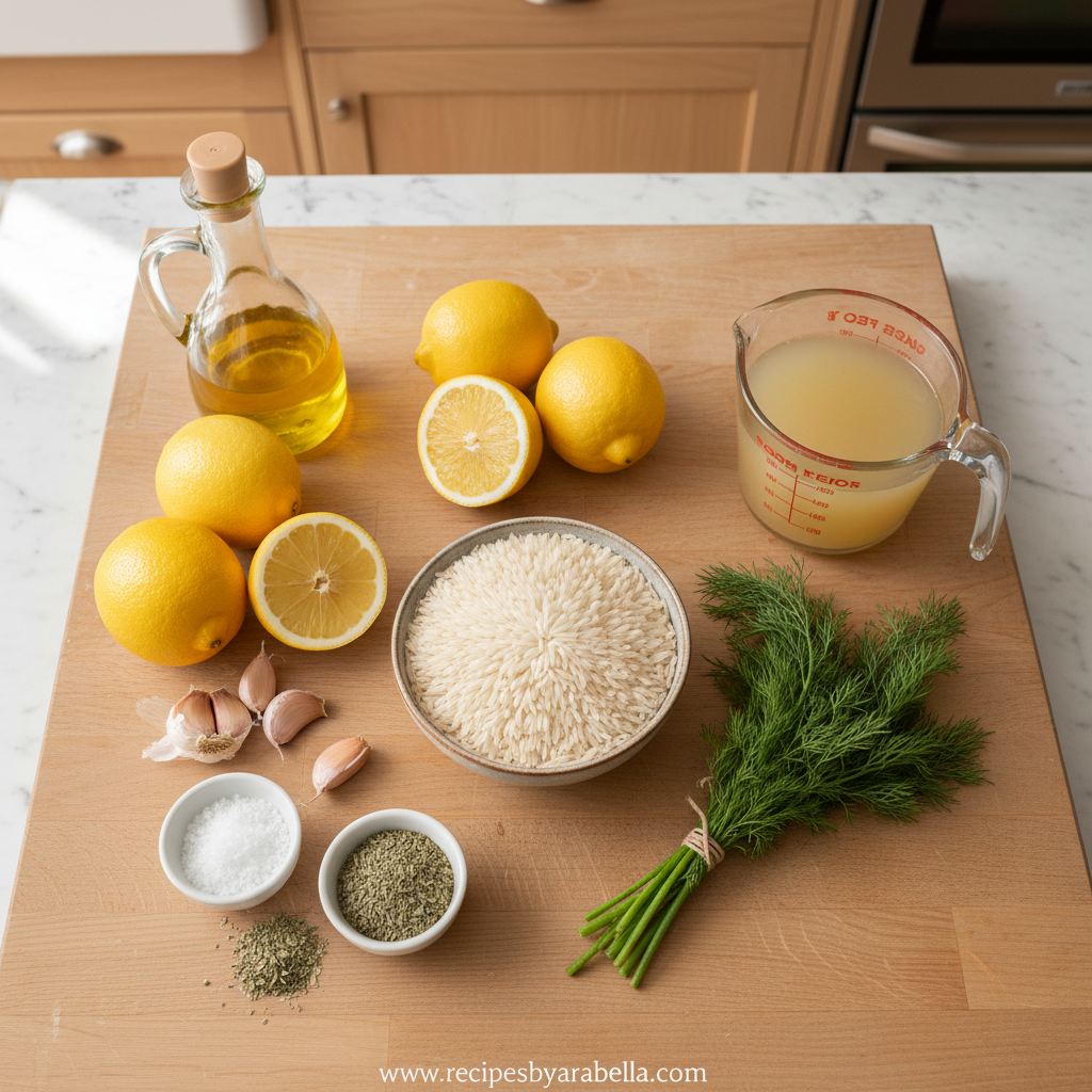 Quick Zesty Greek Lemon Rice - The Perfect Vibrant Side Dish for Dinner 2 Ingredients for Greek lemon rice including rice, lemons, herbs, and olive oil