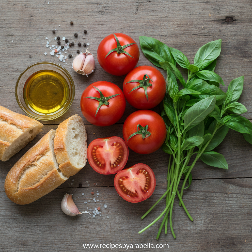 Authentic Italian Bruschetta: A Fresh and Easy Appetizer Recipe 2 Fresh ingredients for making bruschetta: tomatoes, basil, garlic, and bread