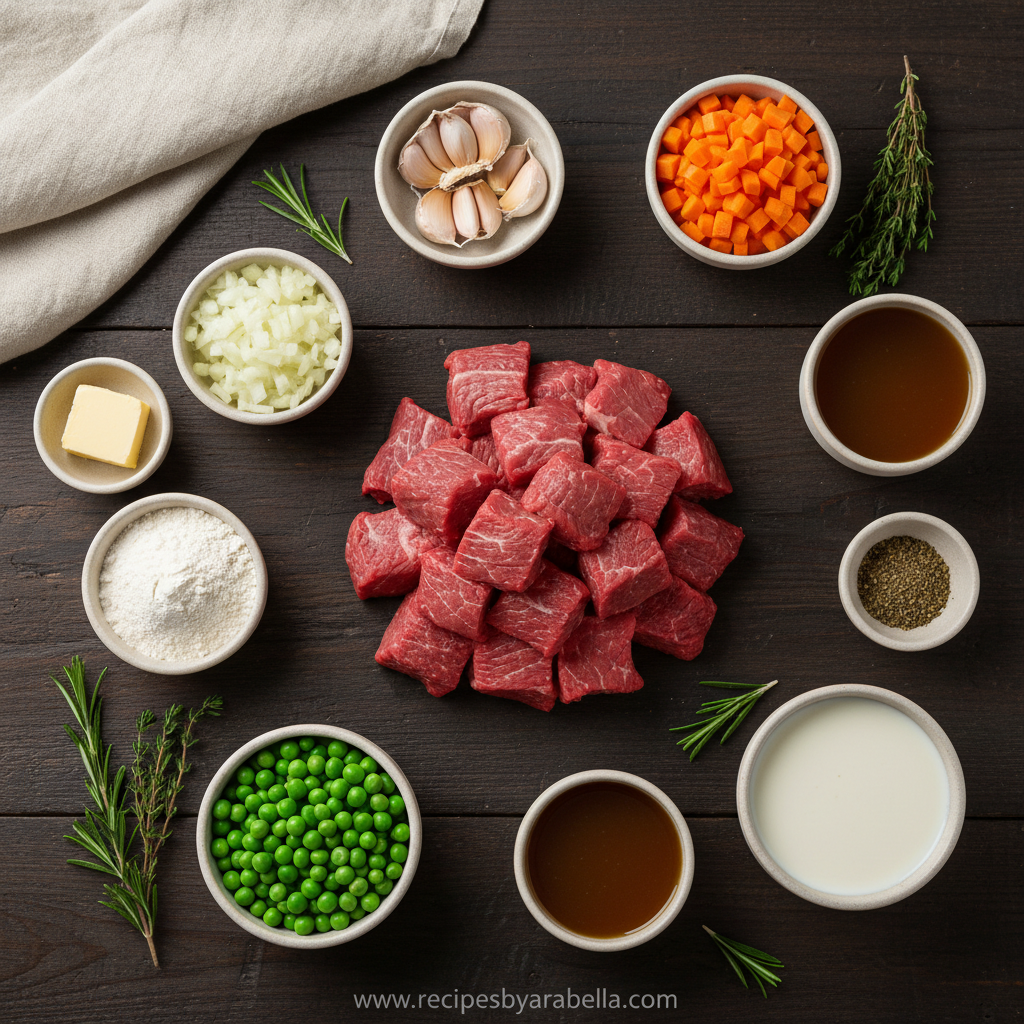 Ingredients for herbed biscuit beef pot pie