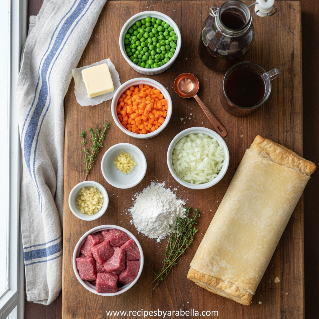 Ingredients for beef pot pie: beef, vegetables, and spices