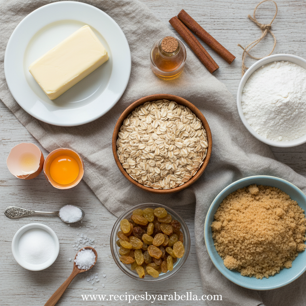Ingredients for chewy oatmeal cookies