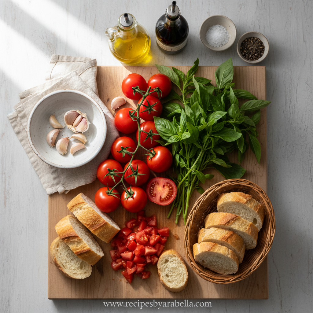Classic Italian Bruschetta: A Fresh and Easy Tomato Basil Appetizer 2 Ingredients for Classic Italian Bruschetta