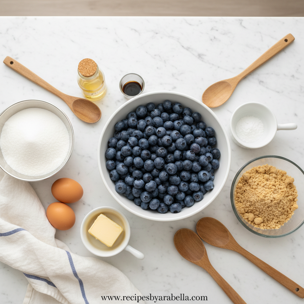 Ingredients for blueberry muffins with crumble topping