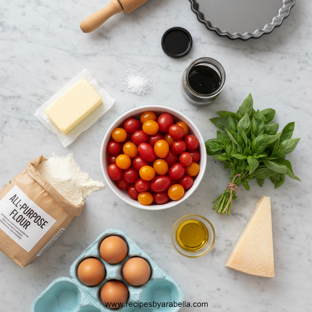 Yummy Tomato Tart: A Sour Sweet Delight 2 Fresh tomatoes, herbs, and pastry dough ready for making a tomato tart.