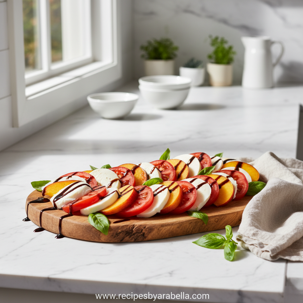 Peach Tomato Caprese Salad served on a white plate