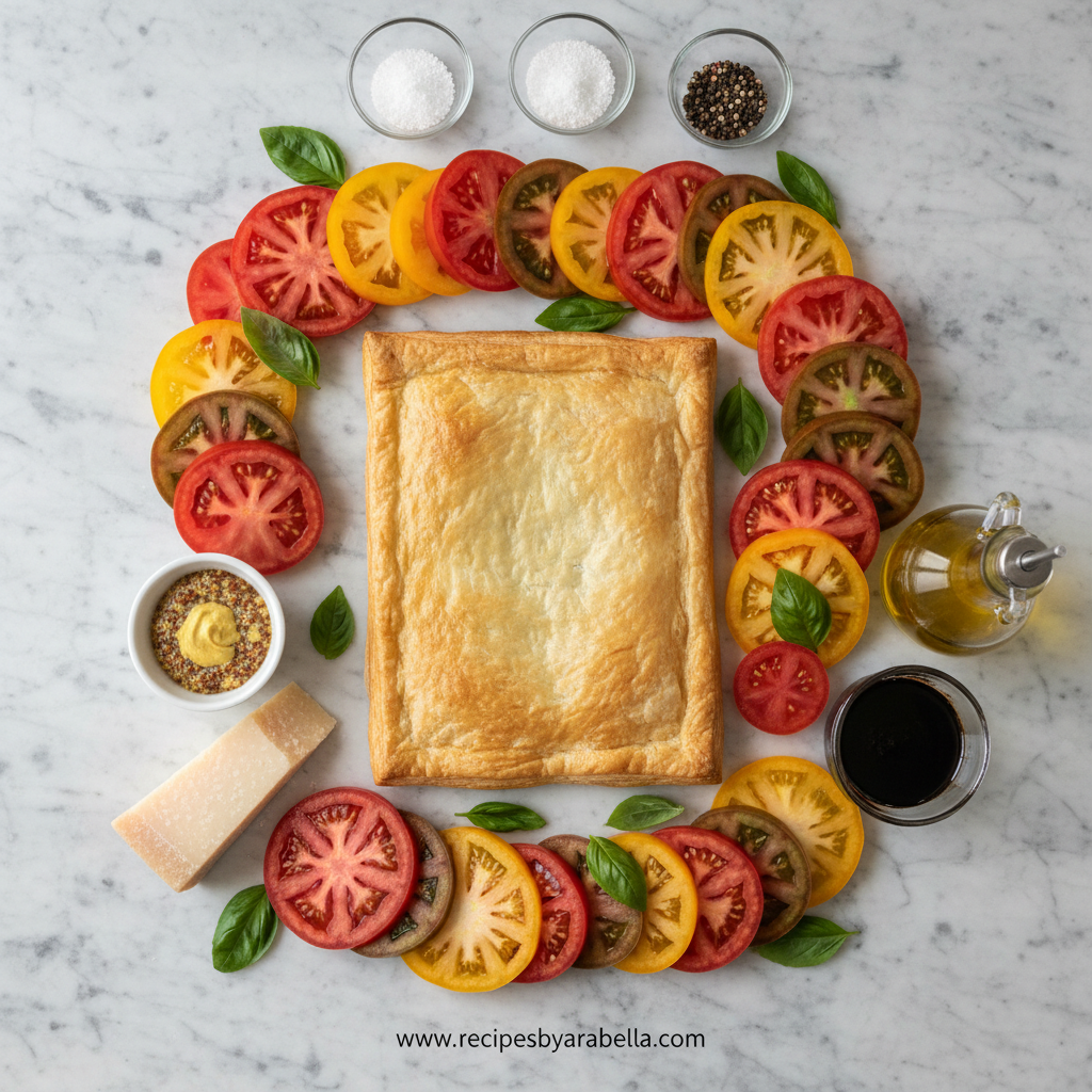 Easy Tomato Puff Pastry Tart: A Flaky and Delicious Recipe 2 Ingredients for tomato puff pastry tart: puff pastry, tomatoes, ricotta, and fresh herbs.